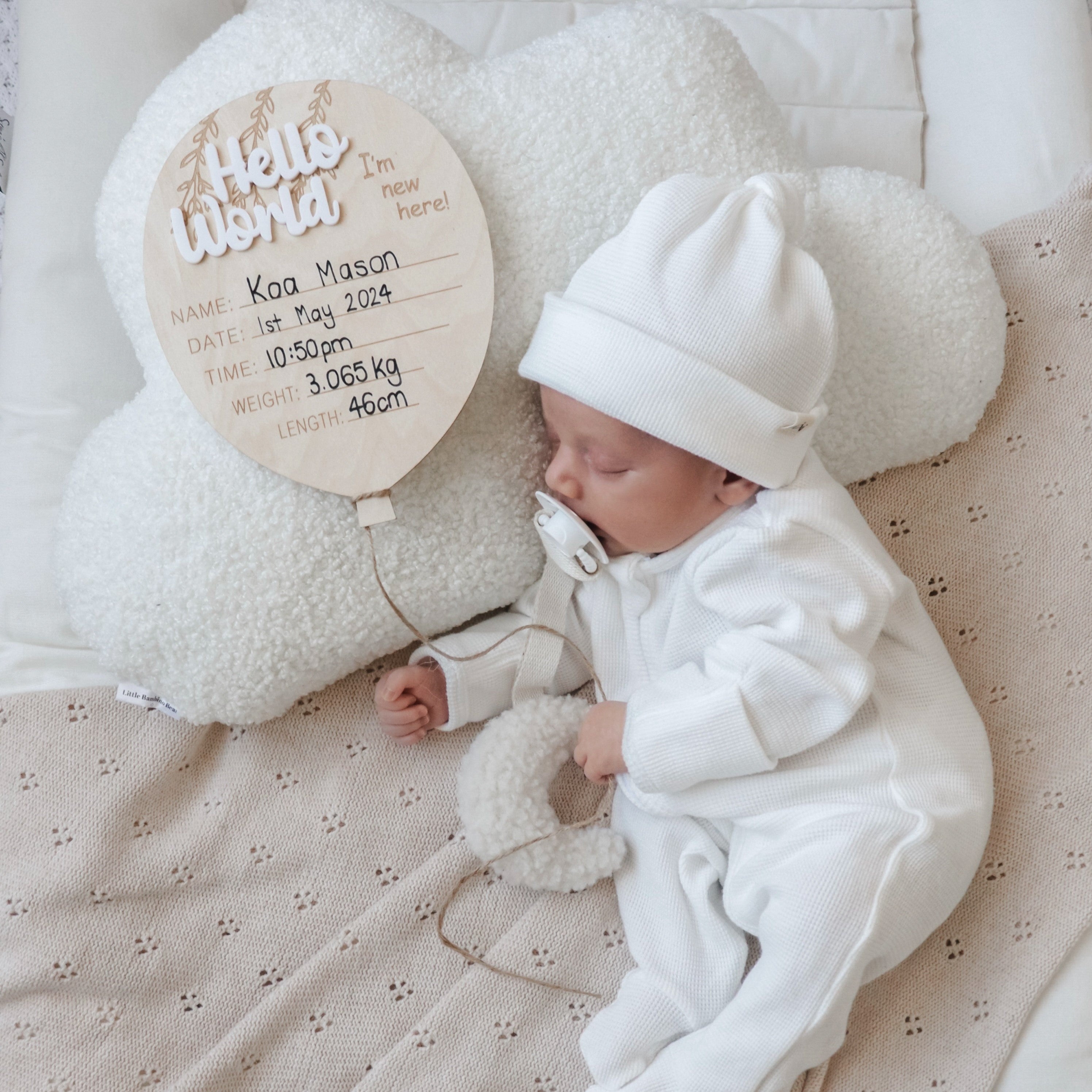 Baby with birth announcement plaque