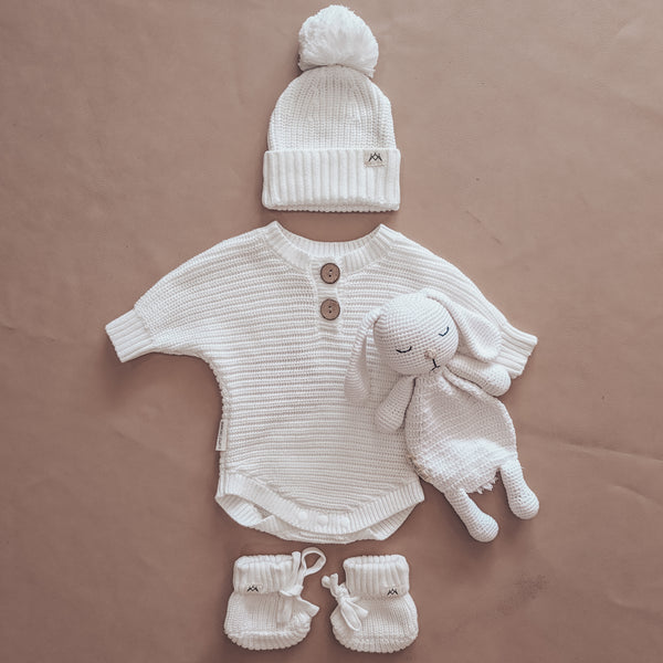 Textured Knit Bodysuit, Beanie & Booties & Cuddle Me Bunny Bundle - Ivory