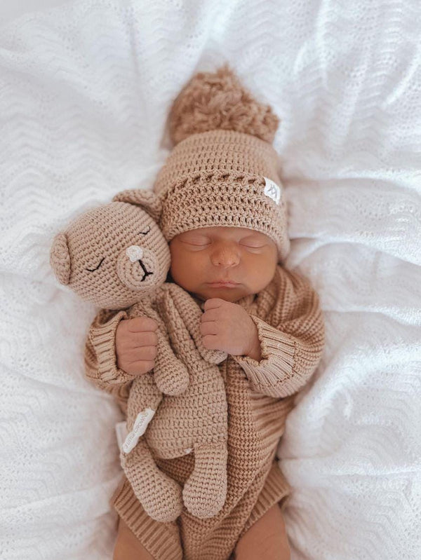 Textured Knit Bodysuit, Beanie and Booties Set and Cuddle Me Bear Bundle Coco