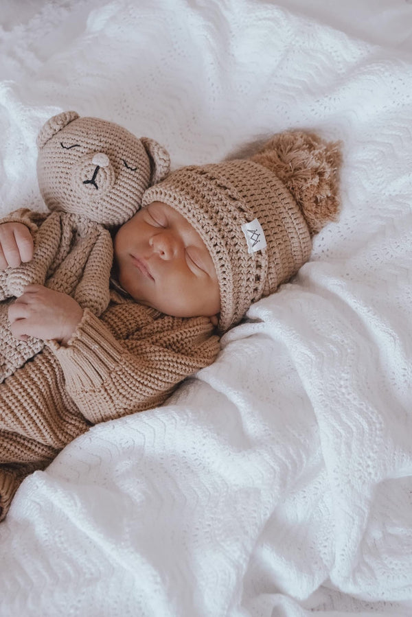 Textured Knit Bodysuit, Beanie and Booties Set and Cuddle Me Bear Bundle Coco